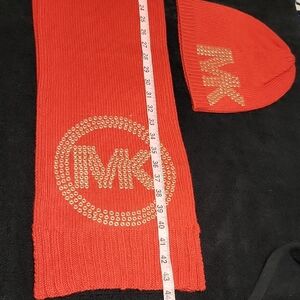 Michael Kors Red and Gold Knit Scarf and Beanie Set